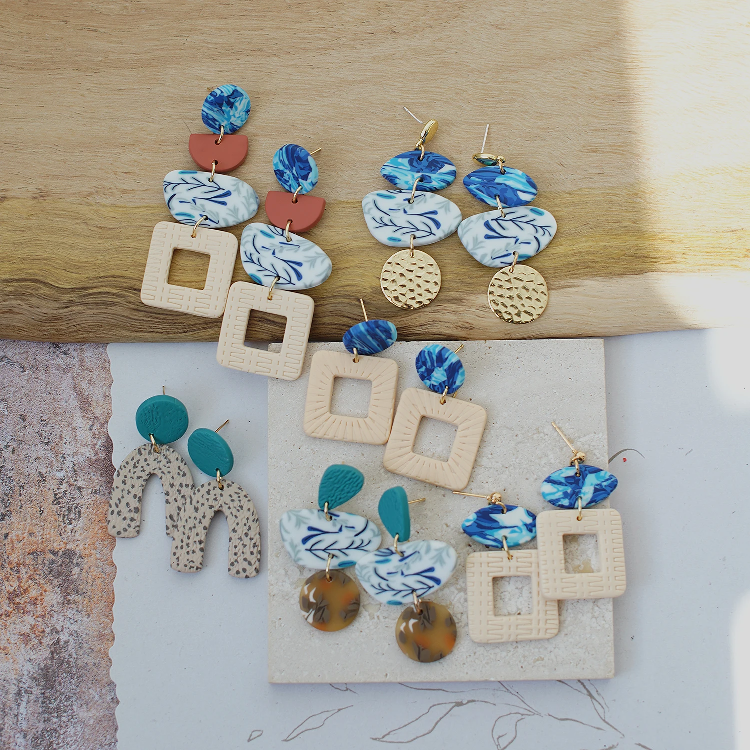 Trendige Mode Bohemian Vintage Erdiger Ton Multi Formen Schichten Polymer Clay Baumeln Ohrring Sets Damen Accessoires Party Geschenk