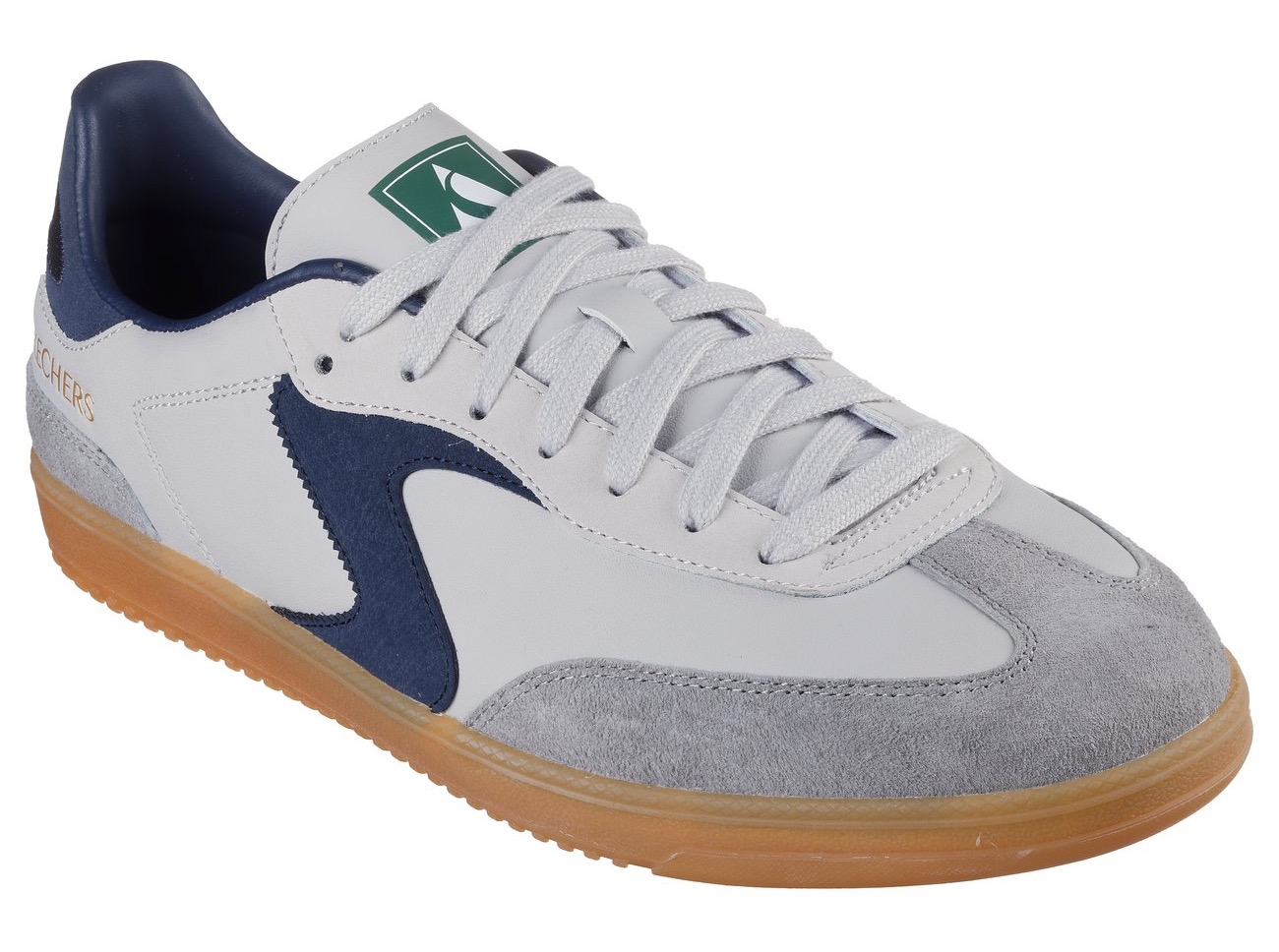 Sneaker SKECHERS "HOTSHOT", Damen, Gr. 46, grau (grau, navy), Leder, Veloursleder, kontrastfarbene Details, Schuhe Sneaker, mit Kontrastbesätzen