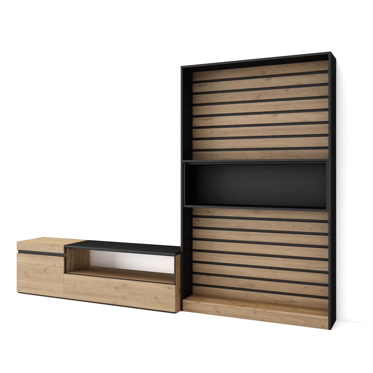 SKRAUT HOME Wohnzimmer-TV-Schrank, Wohnwand-System, 260x35x186cm, Für TV-Geräte bis 65“, Möbelset, Moderner Stil, Eiche und Schwarz _ 88_17 Image