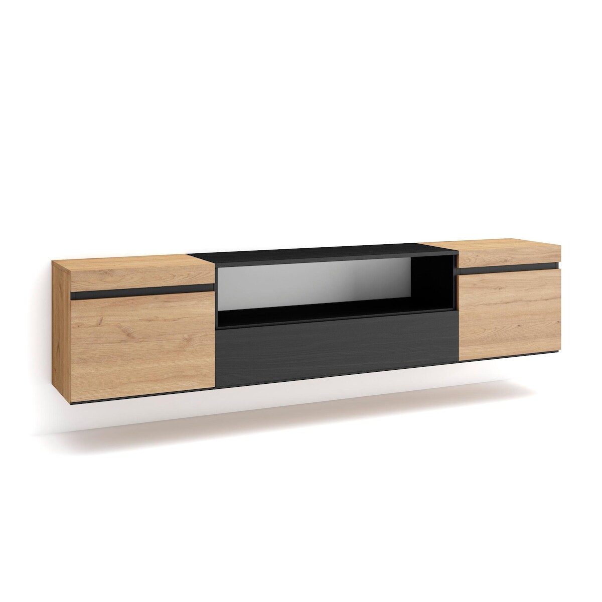 SKRAUT HOME Wohnzimmer-TV-Schrank, Viel Stauraum, 200x35x45cm, Für TV-Geräte bis 80“, Hängend, Modernes Design, Eiche und Schwarz _ 47_19 Image