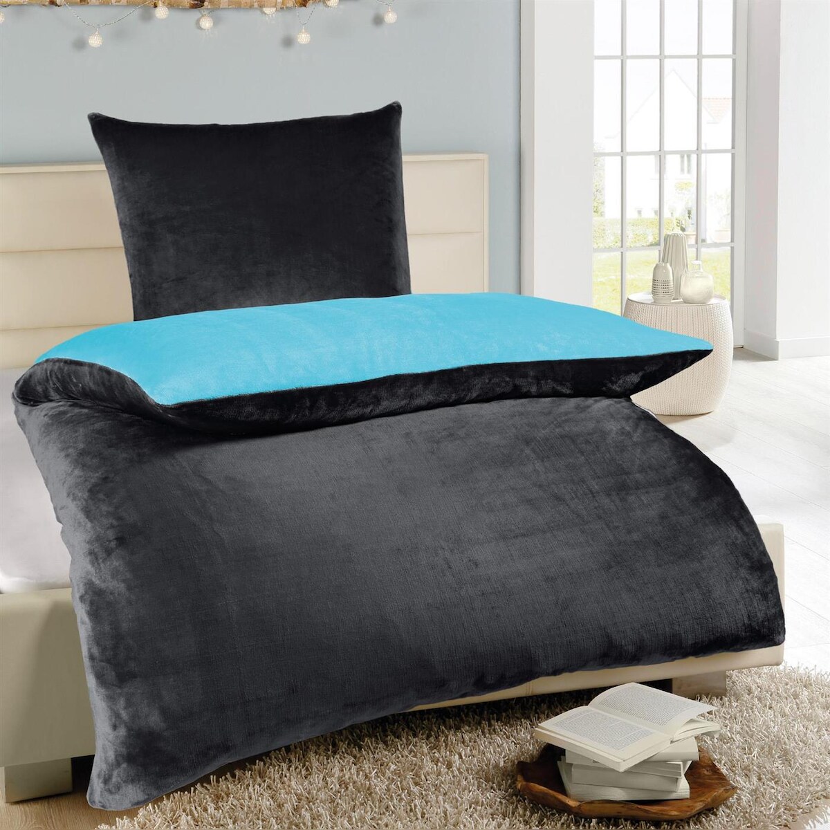 Bestlivings Wende-Bettwäsche Cashmere Touch - Wolkenschloss ( 135x200cm / 80x80cm ) Anthrazit - Petrol Image