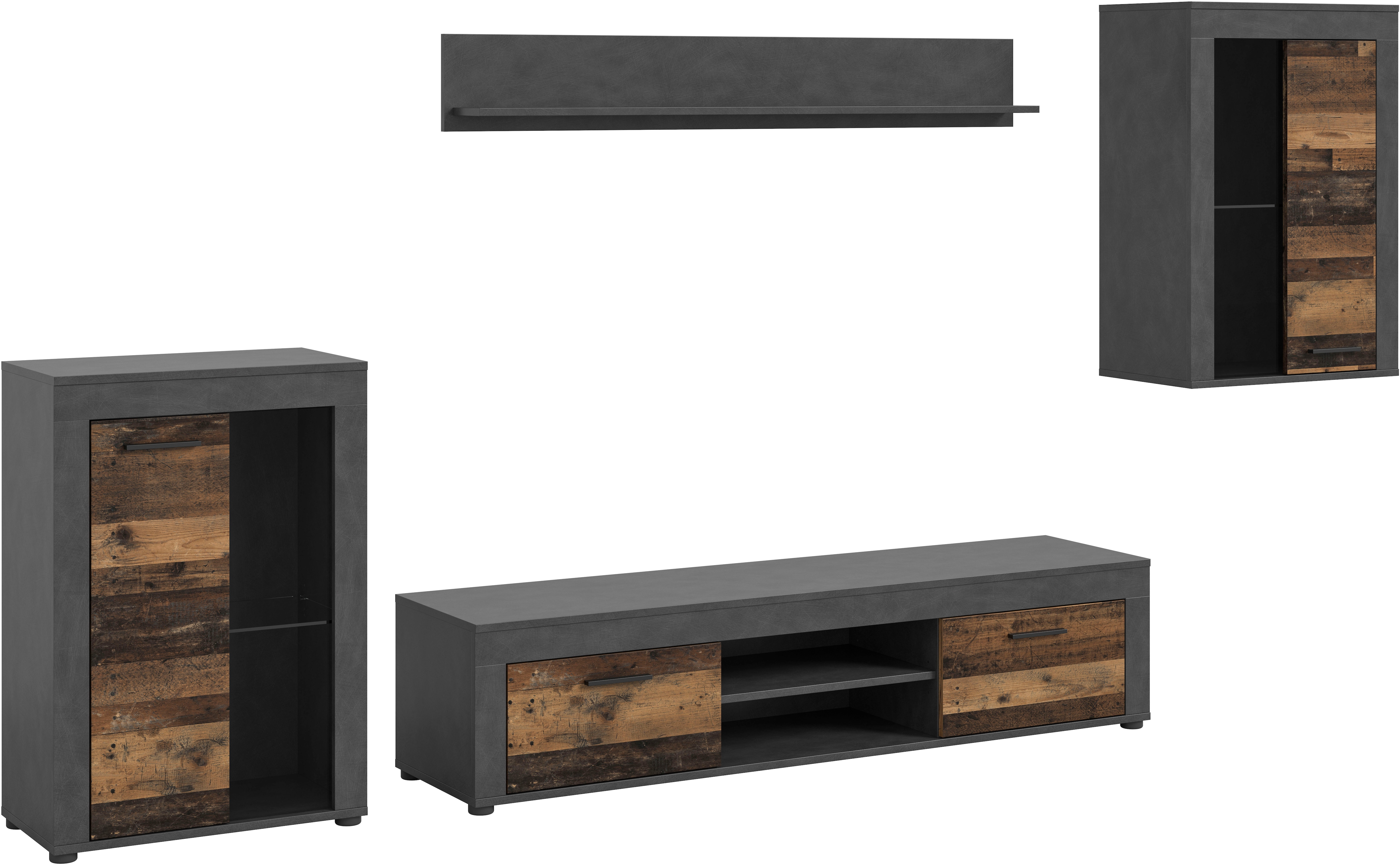 Wohnwand INOSIGN "Aosta, 4-tlg., bestehend aus: 2x Vitrine, Lowboard & Wandboard", matera, old wood nachbildung, B:330cm H:169cm T:40cm, Holzwerkstoff, Kastenmöbel-Sets, Wohnwand, Kombination, Anbauwand, Möbel Set, Schrankwand, Möbel Kombi