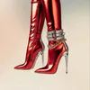 Kristall Schnalle Kette Dekor Rot Spitz Stiefel Seite Zipper Frauen Schuhe Dünne High Heels Party