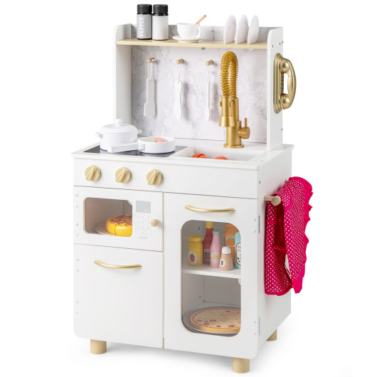 Costway Kids Kitchen Set Pretend Play Kitchen with Stoves Faucet Sink Telephone Microwave and Oven-White