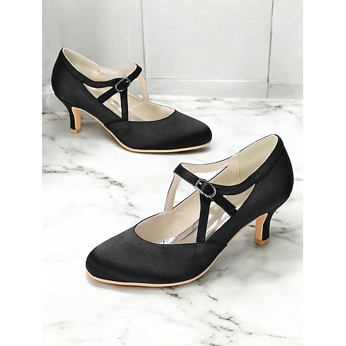 Damen Salbeigrüne Satin T-Strap High Heels-Vintage Gatsby Mittel-Absatz Pumps mit Schnallenverschluss elegante Schuhe für Hochzeiten Balltanz Image