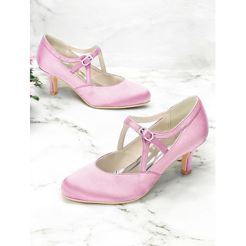 Damen Salbeigrüne Satin T-Strap High Heels-Vintage Gatsby Mittel-Absatz Pumps mit Schnallenverschluss elegante Schuhe für Hochzeiten Balltanz Image