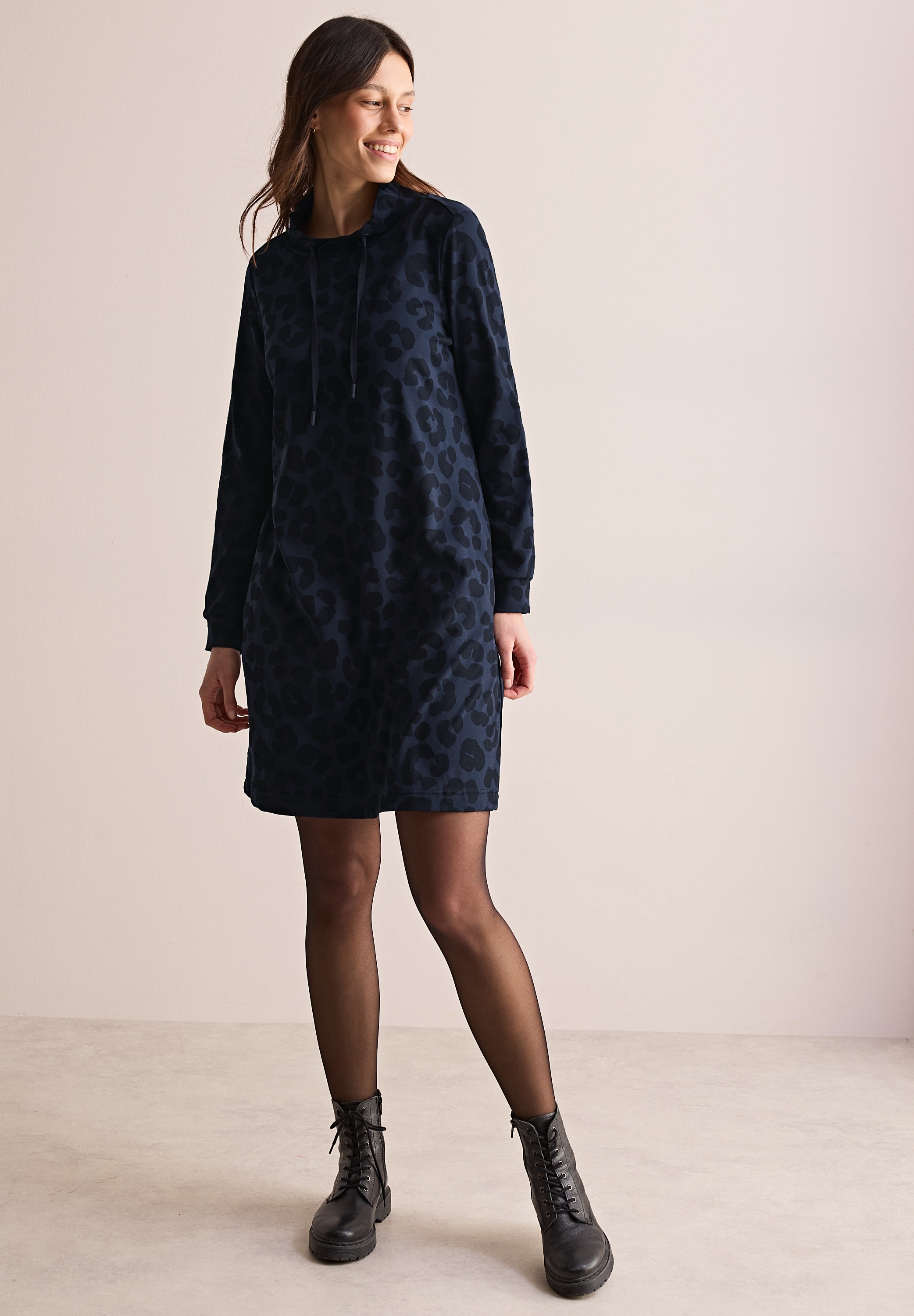 Midikleid CECIL, Damen, Gr. L42, US-Größen, blau (universal blau), Stoff, 50% Polyester, 50% Viskose, animal-print, normal kniefrei, hoch geschlossener Ausschnitt, Bündchen, Kleider Midikleid, mit Leo-Muster