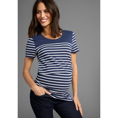 Umstandsshirt NEUN MONATE "Geringeltes Schwangerschaft und Still-Shirt", Damen, Gr. 36/38, blau (blau geringelt), Single Jersey, Obermaterial: 95% Baumwolle, 5% Elasthan, modisch, bequem, Rundhals, Kurzarm abgesteppte Kante, Shirts, für bequemes...