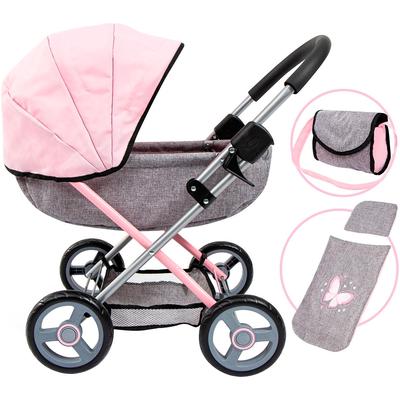 Puppenwagen BAYER "Cosy, grau/rosa", grau (grau, rosa), Puppenwagen, KinderB:34cm H:58cm T:63cm, Kunststoff, Metall, Sto