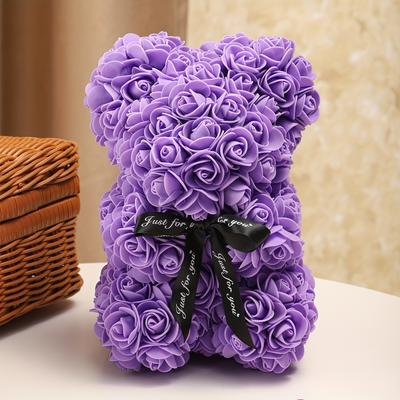 TEMU 1pc Handcrafted Artificial Rose Bear With - -themed, Plastic Flower In Vibrant Colors - Perfect Gift For Valentine's Day, Day, Weddings, Anniversaries & Bridal Showers Image