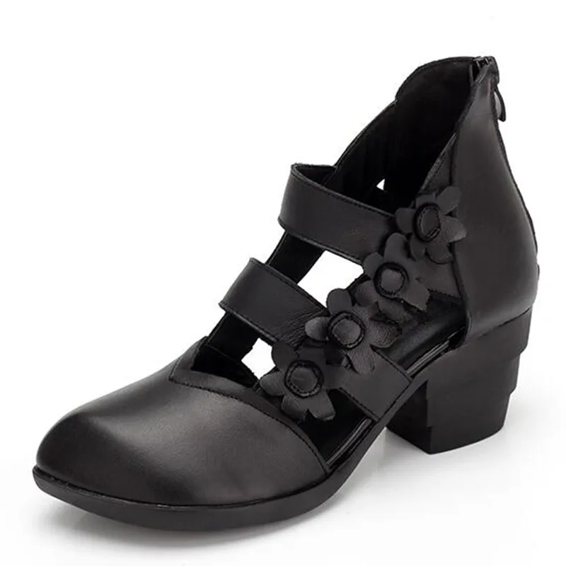 ZXRYXGS Punta Rotonda Sandali Estivi Scarpe da Donna Tacchi Alti 2025 Nuovo Fiore Classico Sandali Moda Donna Sandali in Vera Pelle