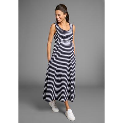 Umstandskleid NEUN MONATE "Langes Schwangerschaftskleid", Damen, Gr. 36, N-Gr, blau (blau geringelt), Single Jersey, Obermaterial: 95% Baumwolle, 5% Elasthan, geringelt, modisch, Rundhals, ohne Ärmel, Kleider, Jersey-Kleid für Schwangerschaft und... Image