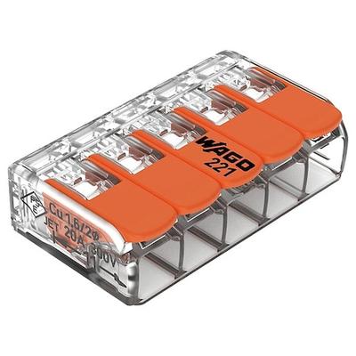 WAGO 221-415/K006-0000 Splice Wire Connector, 12 AWG Max, 5 Port, Transparent,
