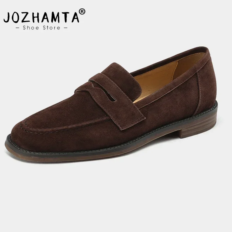 JOZHAMTA Size 34-43 Women Casual Flats Loafers Suede Cow Leather Chunky Low Heels Shoes Spring 2025 Retro Slip On Daily Office
