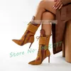 Tan Spitz Mitte Wade Stiefel Frauen Sexy Patchwork Faux Wildleder High Heels Schuhe Damen Lace Up Mode Mischfarben Biker Stiefel