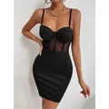 Robe en maille évidée pour femmes, robe mince transparente, vêtements de boîte de nuit, licou en arête de poisson, col en V, jupe transparente GT Hip Party, Y2K Sexy Club