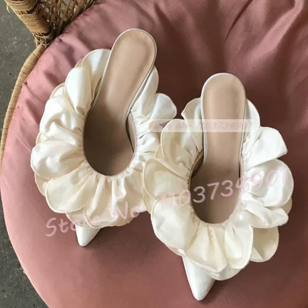 Weiße Blume Satin spitzen Zehen rutscht Frauen lässig Leopard High Heels Schuhe weibliche elegante Spitze prägnante solide große Hausschuhe