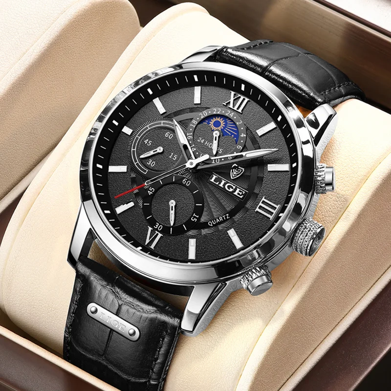 LIGE Herrenuhr Leder Outdoor Sport Kalender Quarzuhren Herren Wasserdicht Leuchtende Mondphase Herrenuhr Chronograph Uhr + Box Image