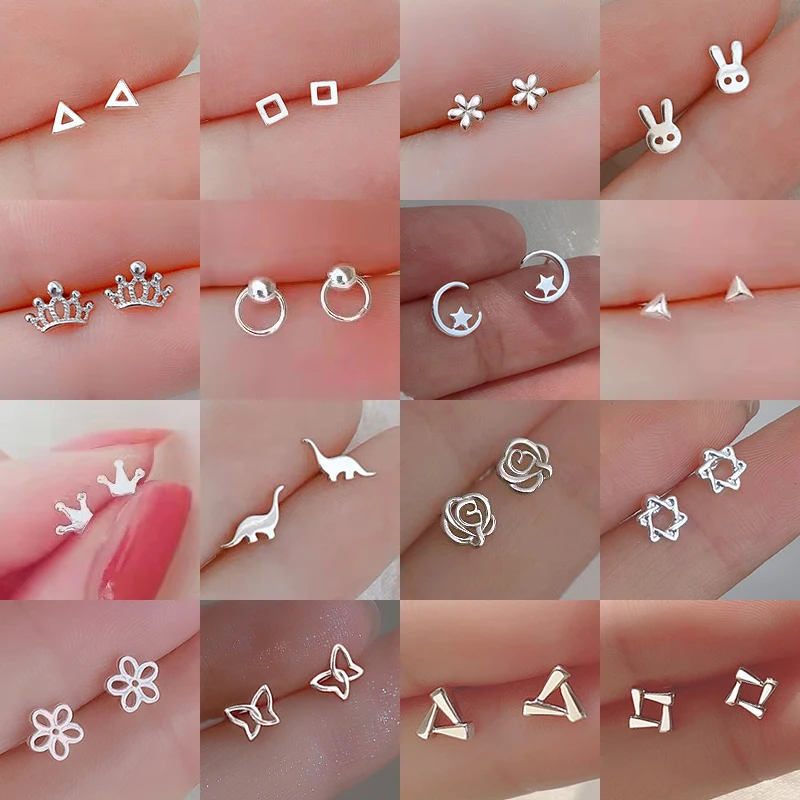 Winzige, minimalistische, versilberte Mini-Ohrstecker mit Herz, Sternen, Schmetterlingsflügel, für Damen, Studenten, Teenager, einfacher Ohrpiercing-Schmuck Image