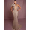 2024 frauen Promi Sexy Eine Schulter Perle Mesh Pailletten Beige Maxi Lange Kleider Kleid Elegante