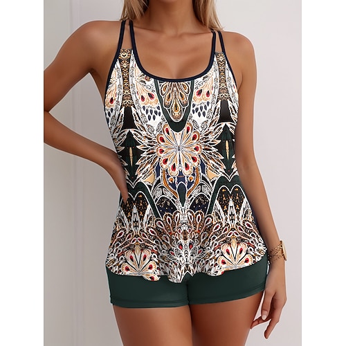 Damen Tankini 2-teiliges Badeanzug Boho Boy Leg rückenfrei Urlaub Strandmode Grafik U Neck ärmellose Badeanzüge Image