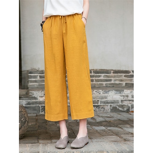 Damen Baumwoll Mischung Weite Hosenbeine Chinos Mode Streetwear Basic Knöchellang Mittlere Taillenlinie Einfach Kordelzug Tasche Komfort Außenbereich Mikroelastisch Täglich Urlaub Straße Beige Image