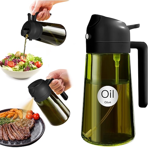 16 oz/470 ml lichtundurchlässiger dunkler Ölsprüher zum Kochen, 2-in-1-Olivenöl-Spenderflasche für die Küche, hochwertige dunkelgrüne Ölflasche aus Glas, lebensmittelechter Ölzerstäuber für Image