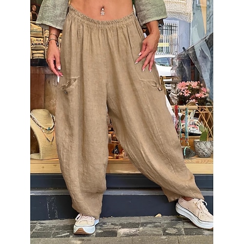 Damen Kunstbaumwollleinen Chinos Mode Basic Volle Länge Mittlere Taillenlinie Einfach Kordelzug Tasche Komfort Außenbereich Mikroelastisch Täglich Urlaub Straße Schwarz Orange Khaki Sommer Frühling Image