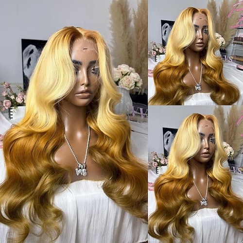 Remy Menschenhaar 5x5 Verschluss 13x4 Spitzenfront Perücke Freier Teil Brasilianisches Haar Wellen Blond Perücke 130% 150% Haardichte mit Babyhaar Gefärbte Haarspitzen (Ombré Hair) Leimlos Vorgerupft Image