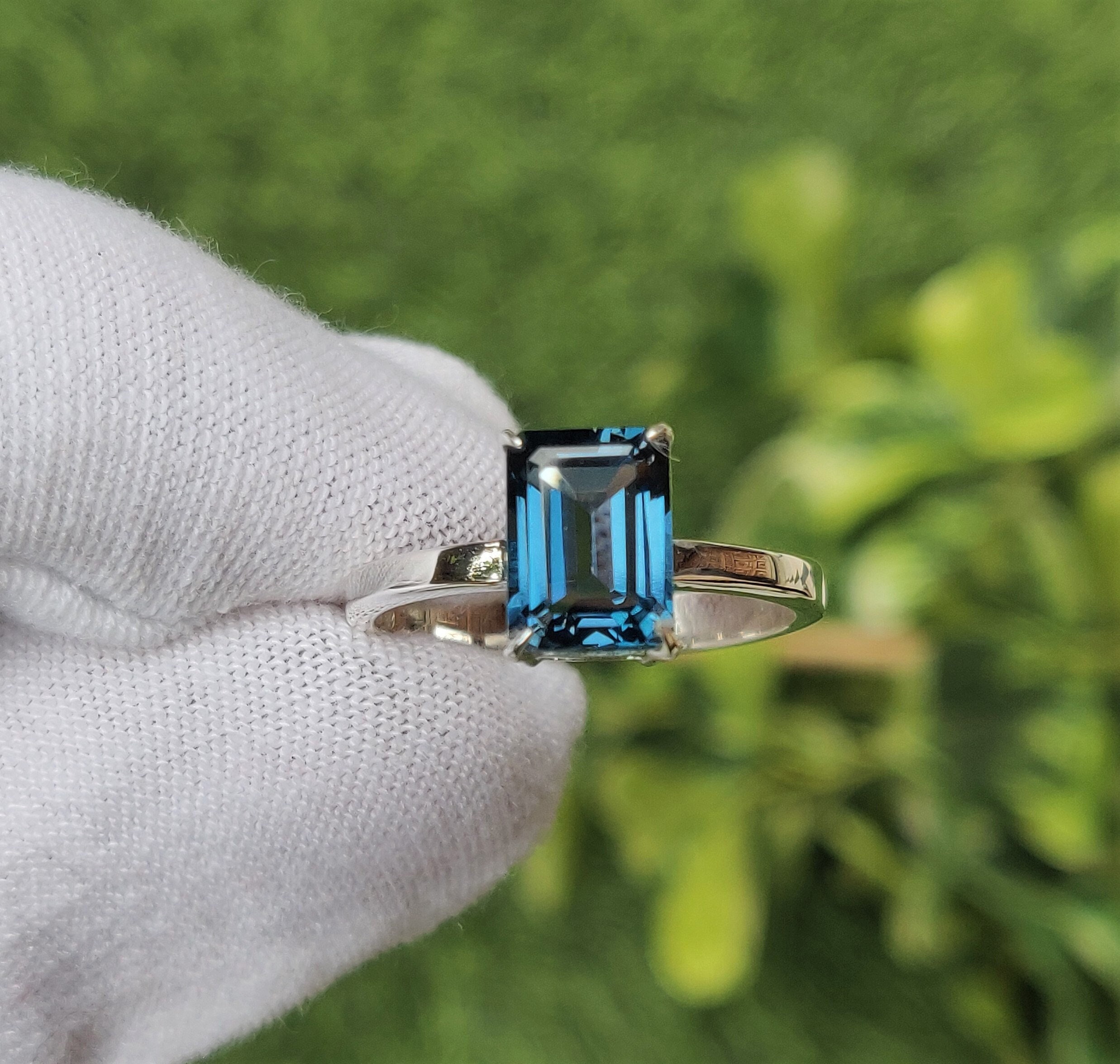 Echter Natürlicher London Blautopas Ring - Smaragdschliff 6 x 8 mm Achteck London Blautopas Ring - Massiver 925 Sterling Silber Ring - Geburtsstein Ri