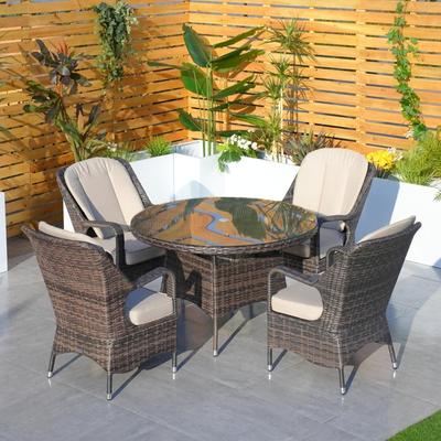 Outdoor 5-piece Aluminum Dining Set with Round Glass Table and 4 Wicker Chairs