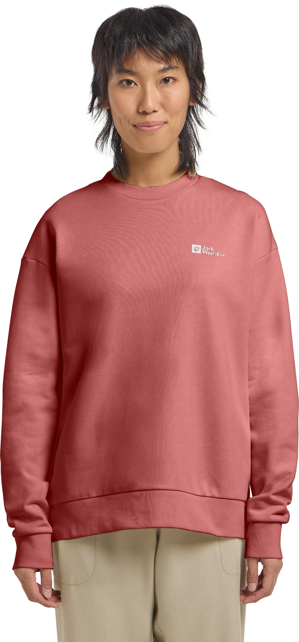 Langarmshirt JACK WOLFSKIN "ESSENTIAL CREWNECK W", Damen, Gr. L (42/44), rot (mineral, rot), Oberstoff: 100% BAUMWOLLE ; Kontrastmaterial 1: 95% BAUMWOLLE, 5% ELASTHAN; Kontrastmaterial 2: 100% BAUMWOLLE, Shirts Langarmshirt