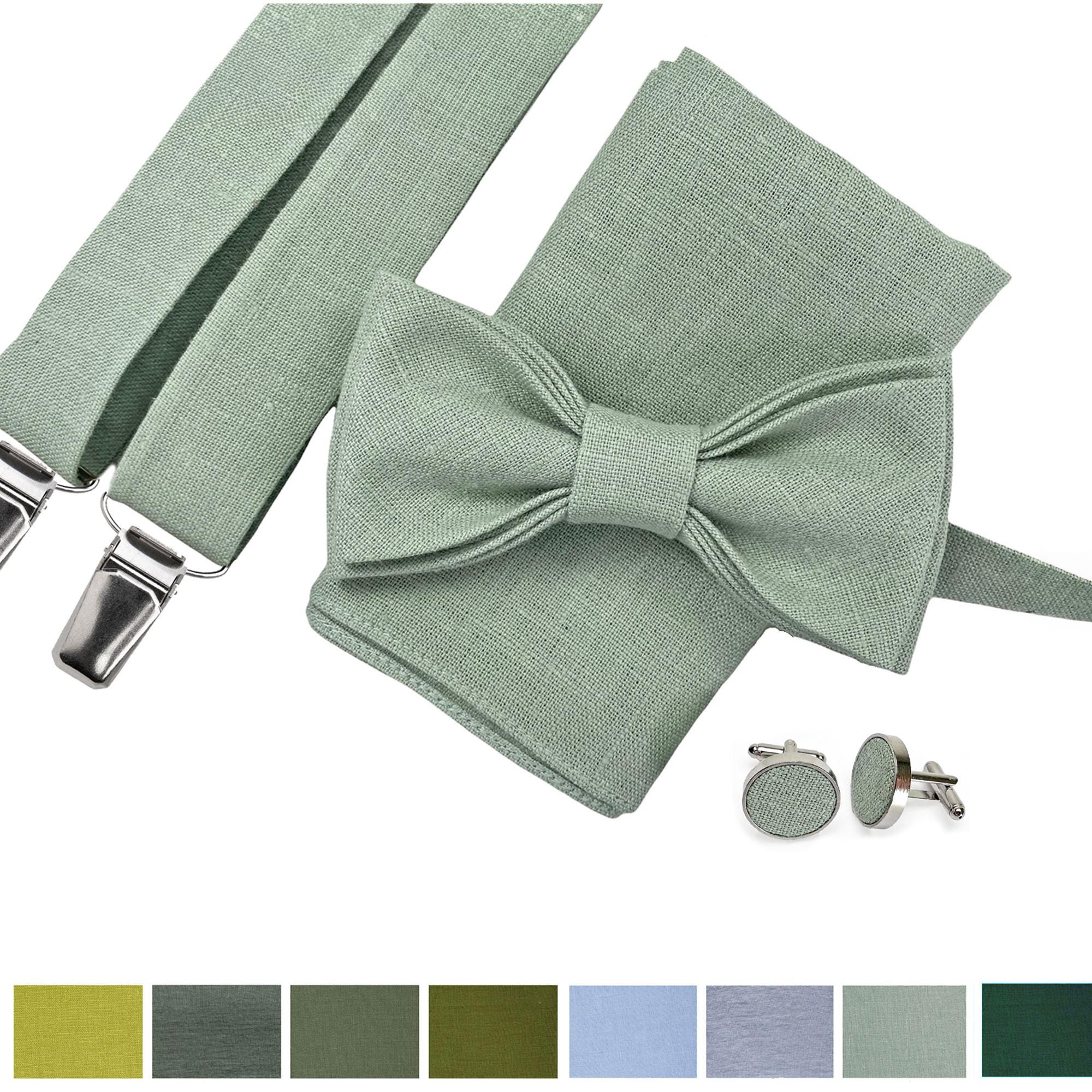 Papillon personalizzato in lino verde salvia chiaro, fazzoletto da taschino in lino, bretelle verde salvia, papillon per lo sposo, papillon per uomo,