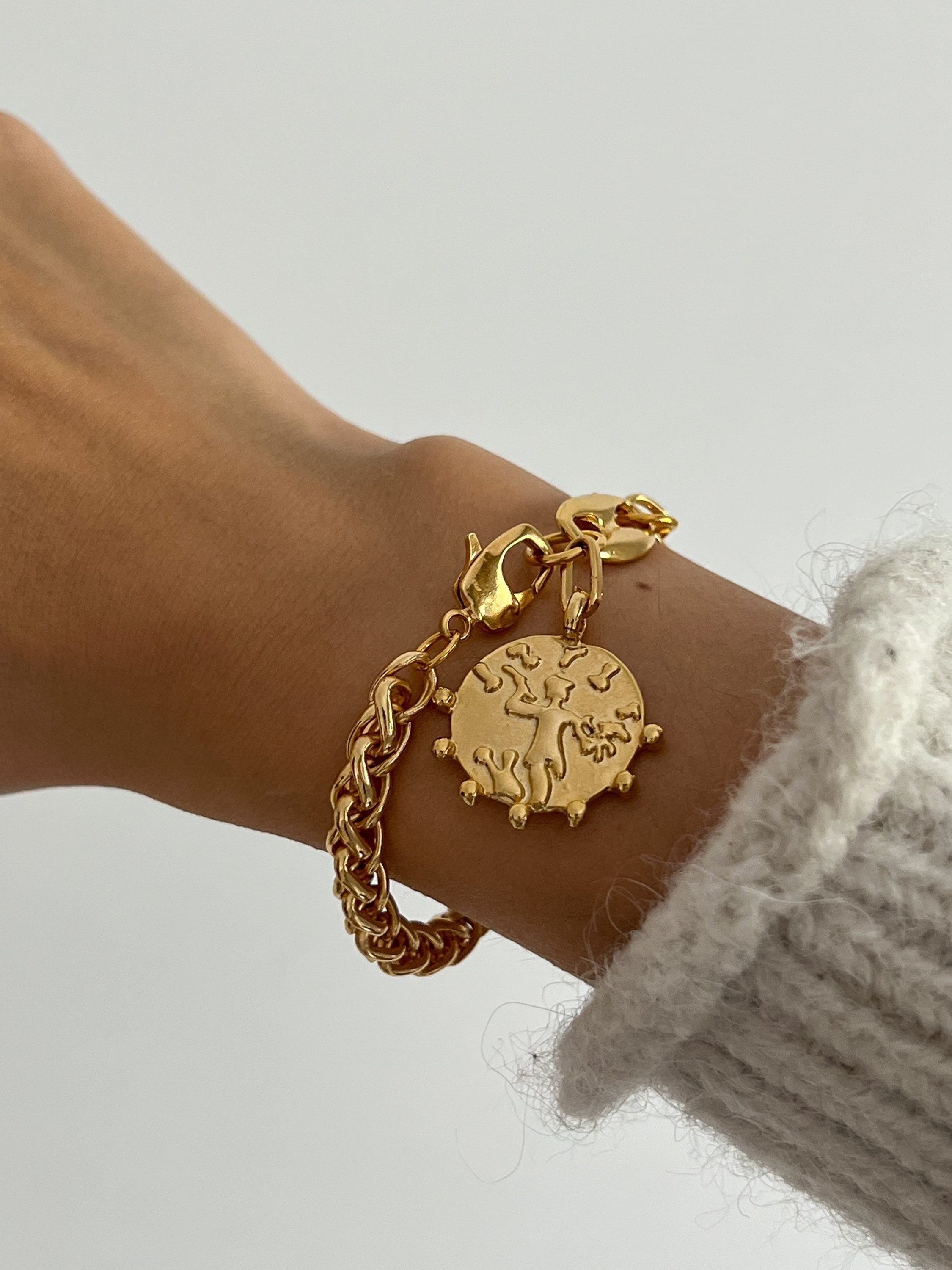 Bracciale con ciondolo a moneta d'oro, bracciale con catena d'oro spessa, bracciale con moneta Athina, bracciale in stile vintage, gioielli con ciondo