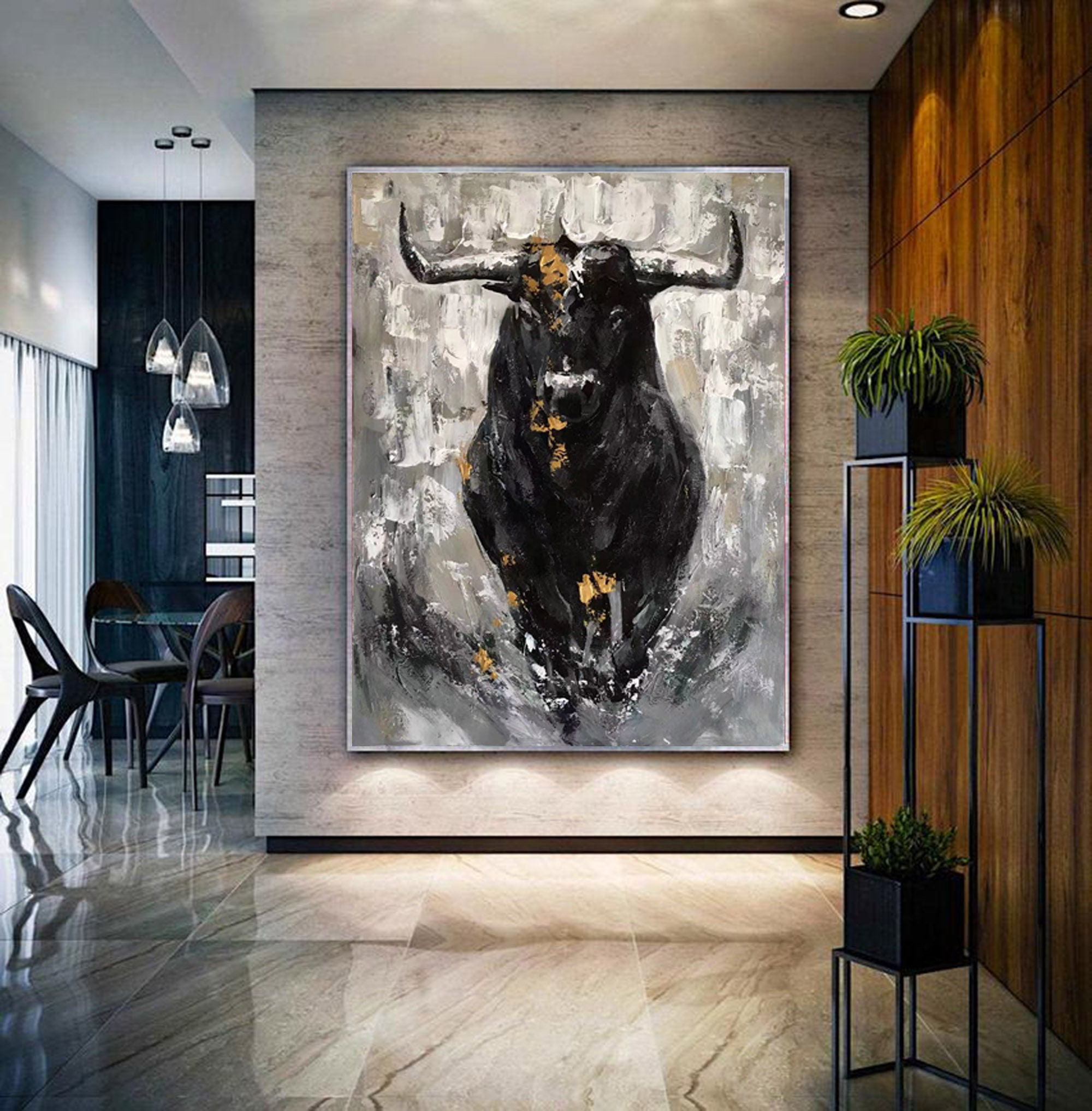 Originale Bull Abstract Wall Art Bull Painting su tela Grande Black Bull Painting su tela Bull Abstract Canvas Art Textured Wall Art H643