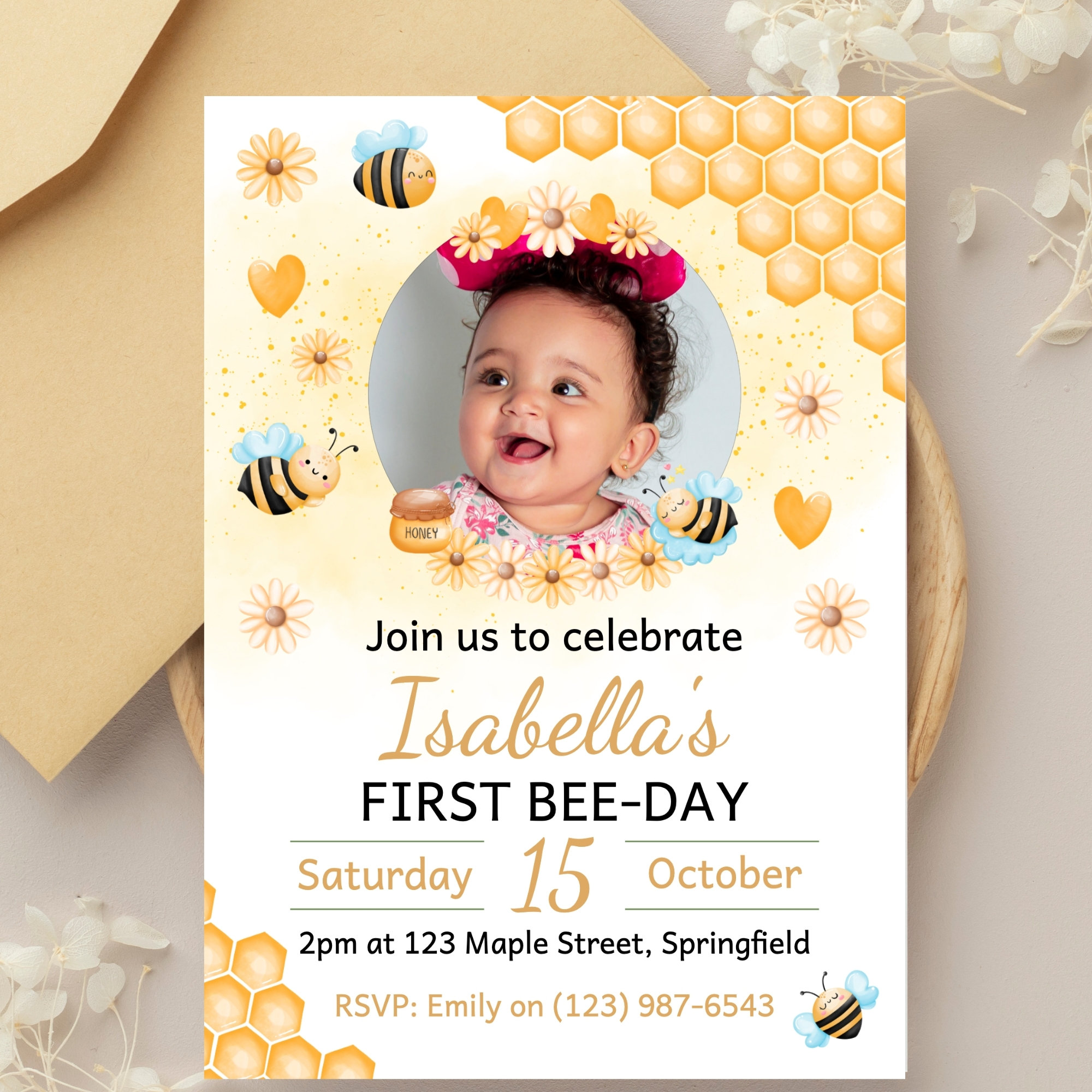 Invito per il primo compleanno dell'ape, invito per il primo giorno dell'ape con foto, download immediato, invito per il primo compleanno dell'ape, in