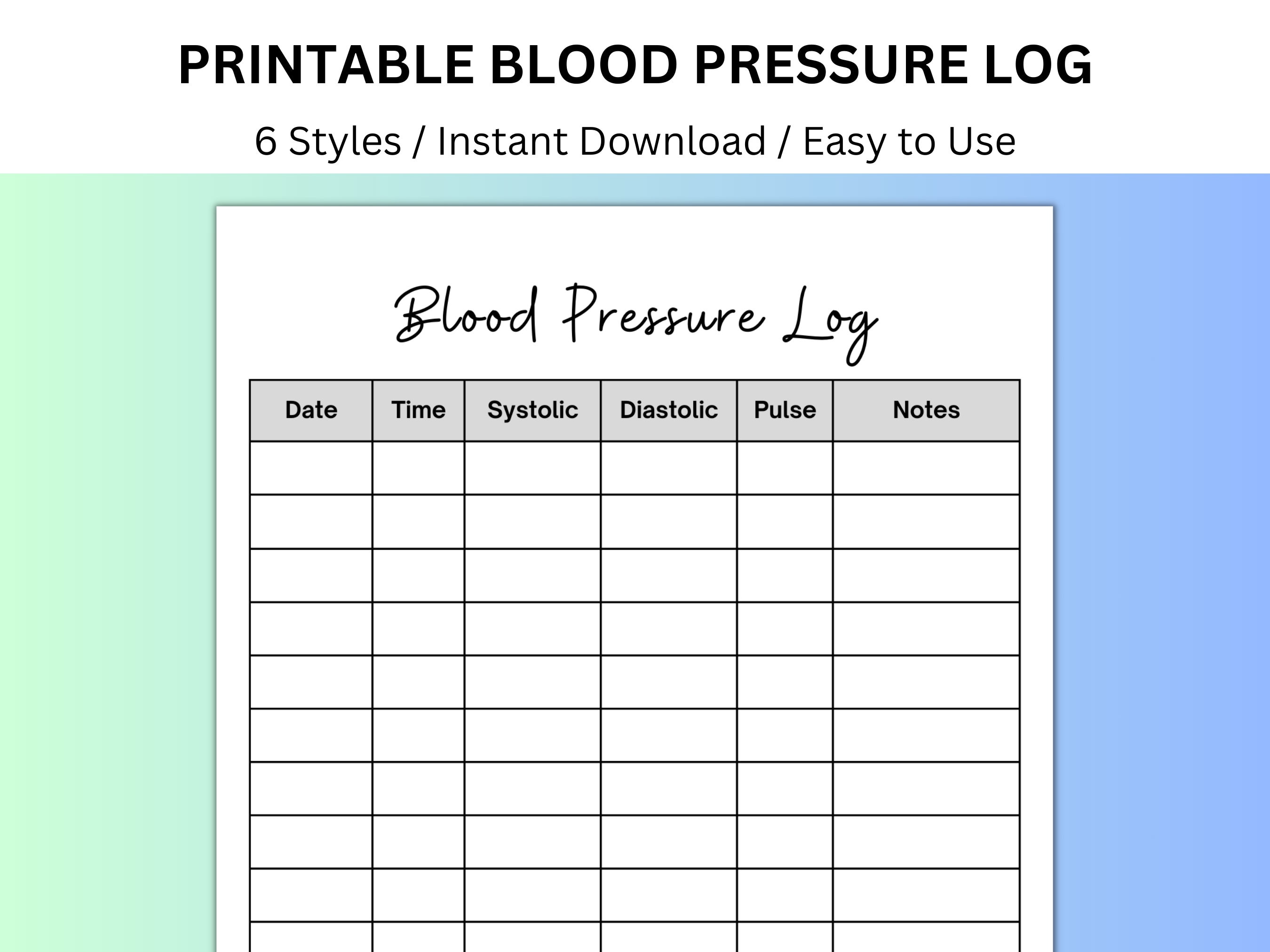 Foglio della pressione sanguigna, registro della pressione sanguigna, raccoglitore medico, tracker medico, stampabile medico, grafico della pressione