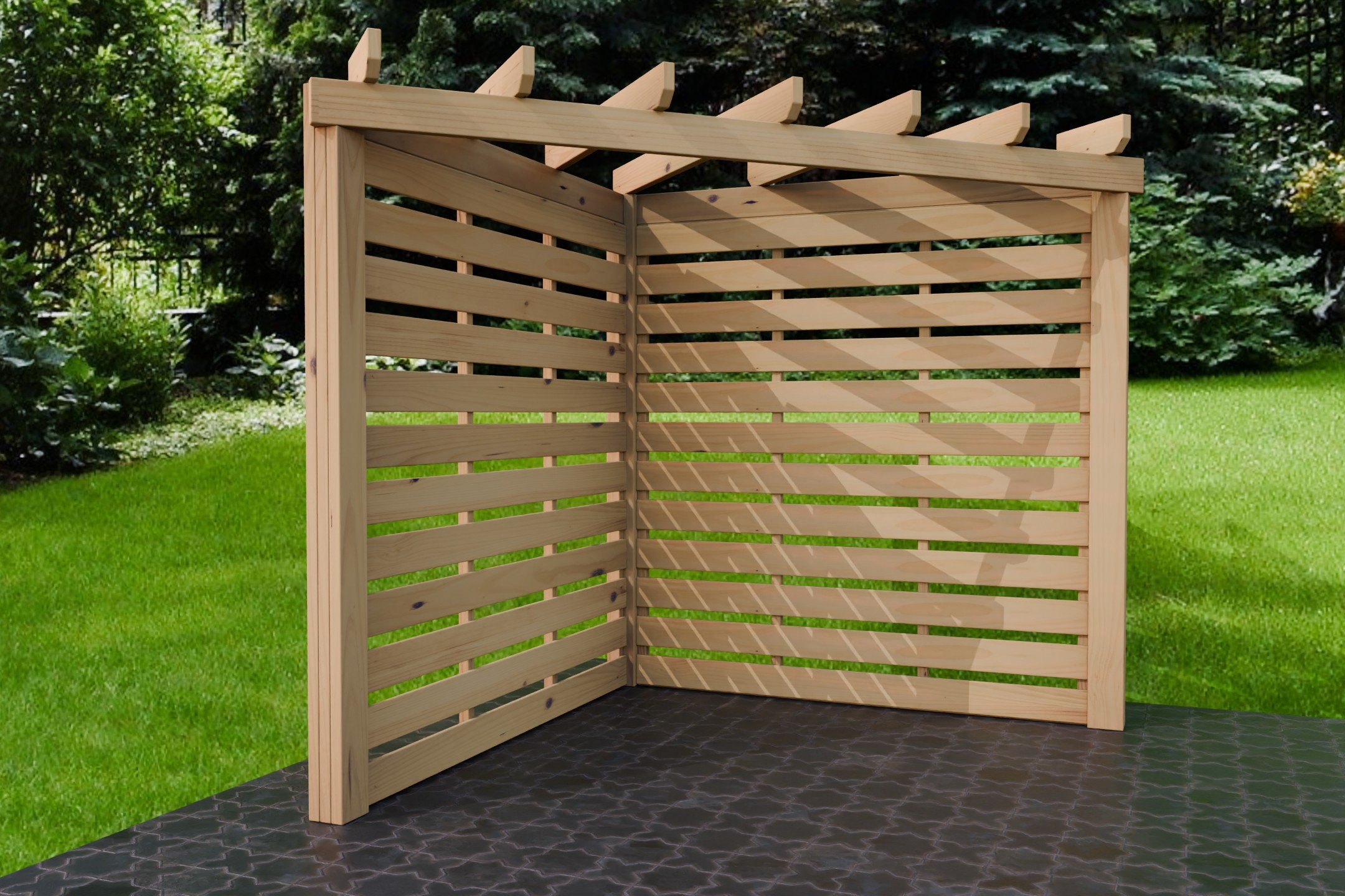 "Progetti per pergola angolare in legno da giardino con doghe, 7 piedi 10\" x 7 piedi 10\" (2,1 m x 2,1 m), progetti digitali fai da te per la lavorazion"