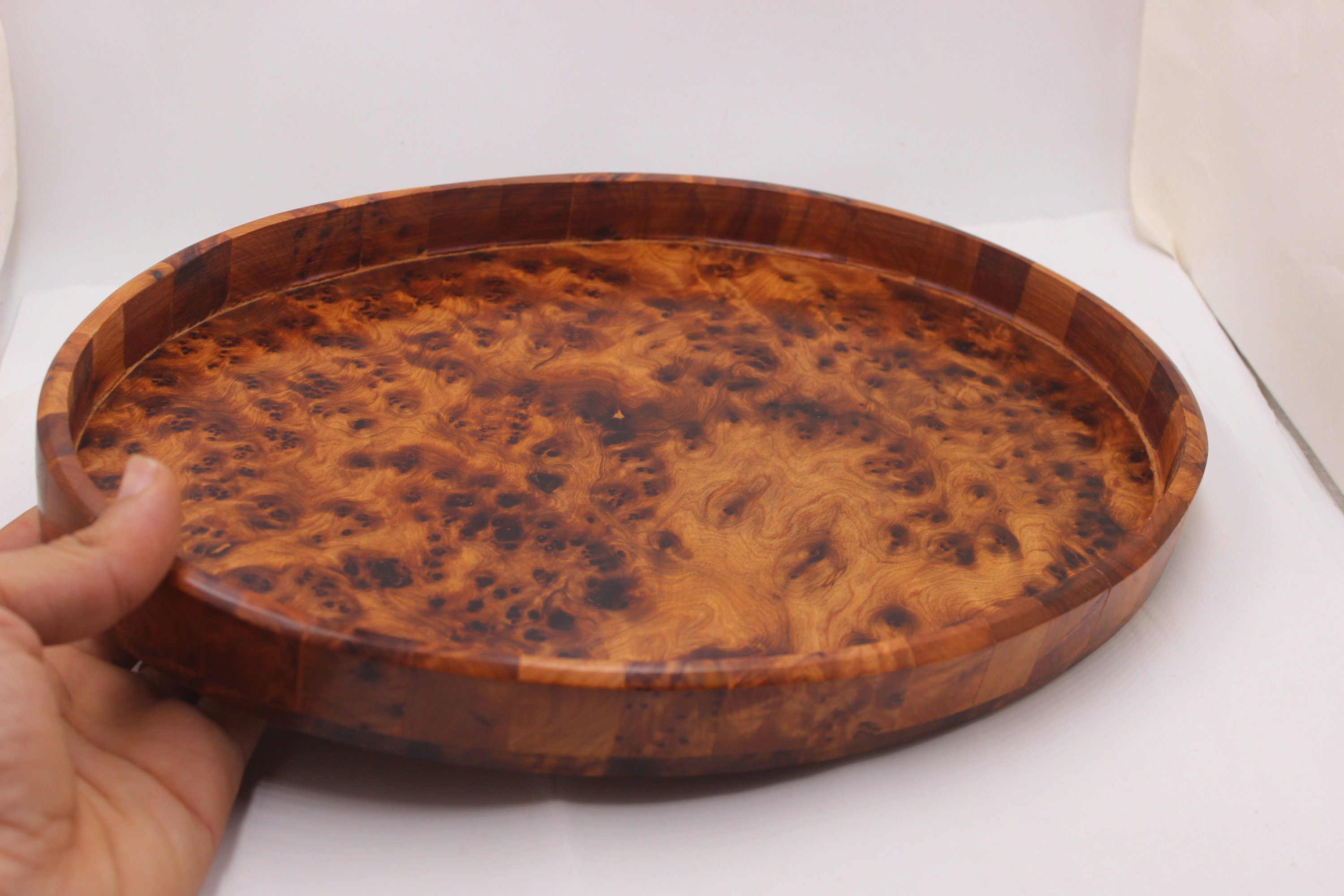 Vassoio in legno fatto a mano in radica di Thuya, vassoio da portata in legno, vassoio in legno ovale, vassoio in legno decorativo per tavolino da caf