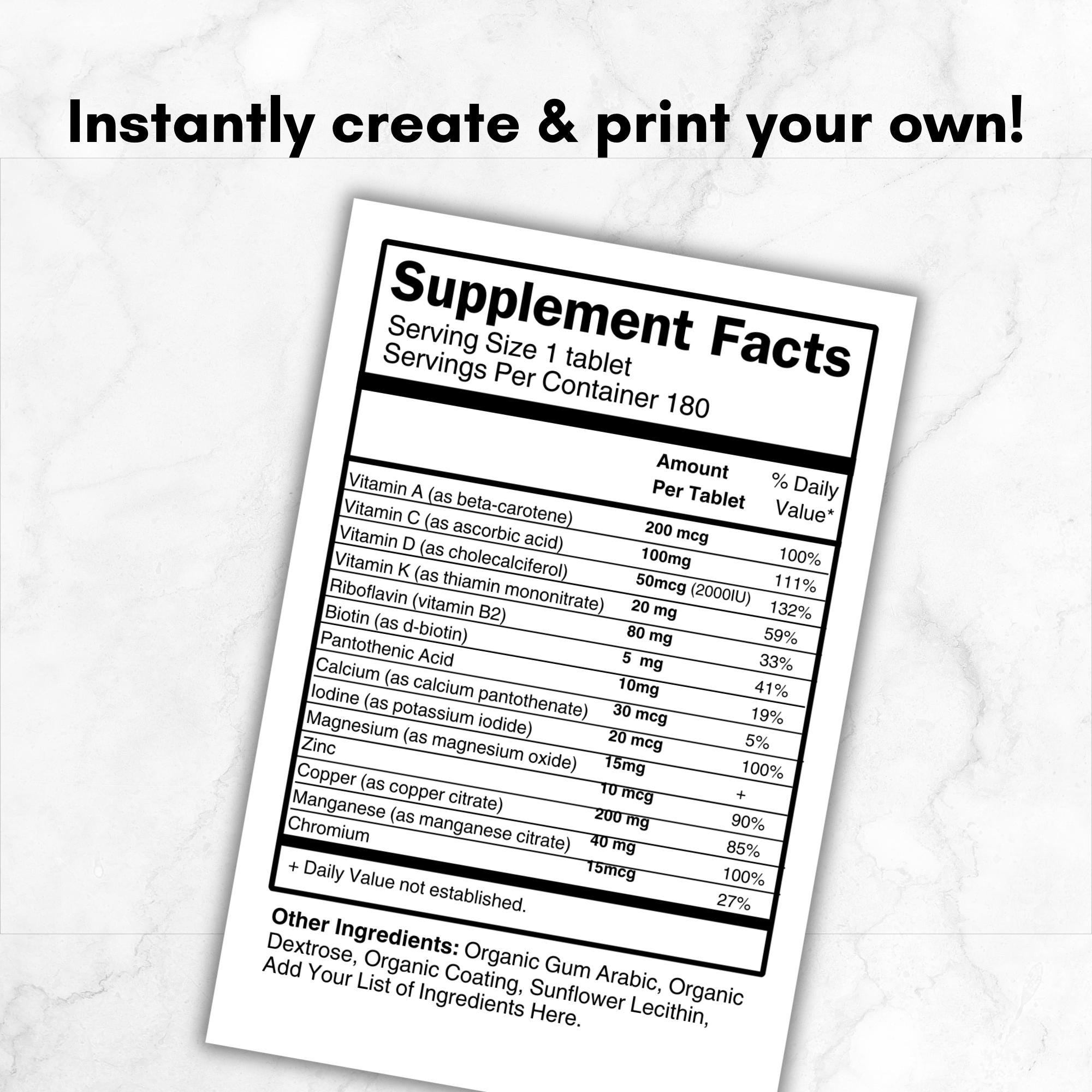 Informazioni sugli integratori / Etichetta nutrizionale dell'integratore modificabile / Informazioni sulla medicina delle vitamine degli integratori S