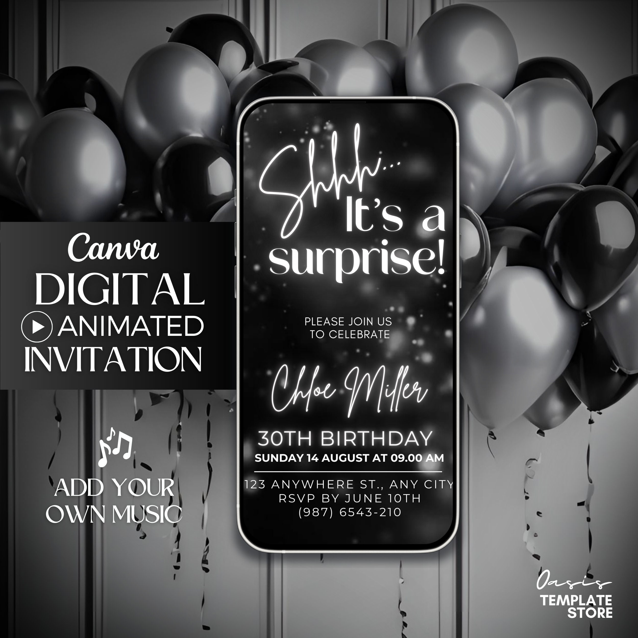 Shhh, è un invito video di compleanno a sorpresa, invito digitale con glitter argento, invito modificabile, modello di invito digitale a sorpresa