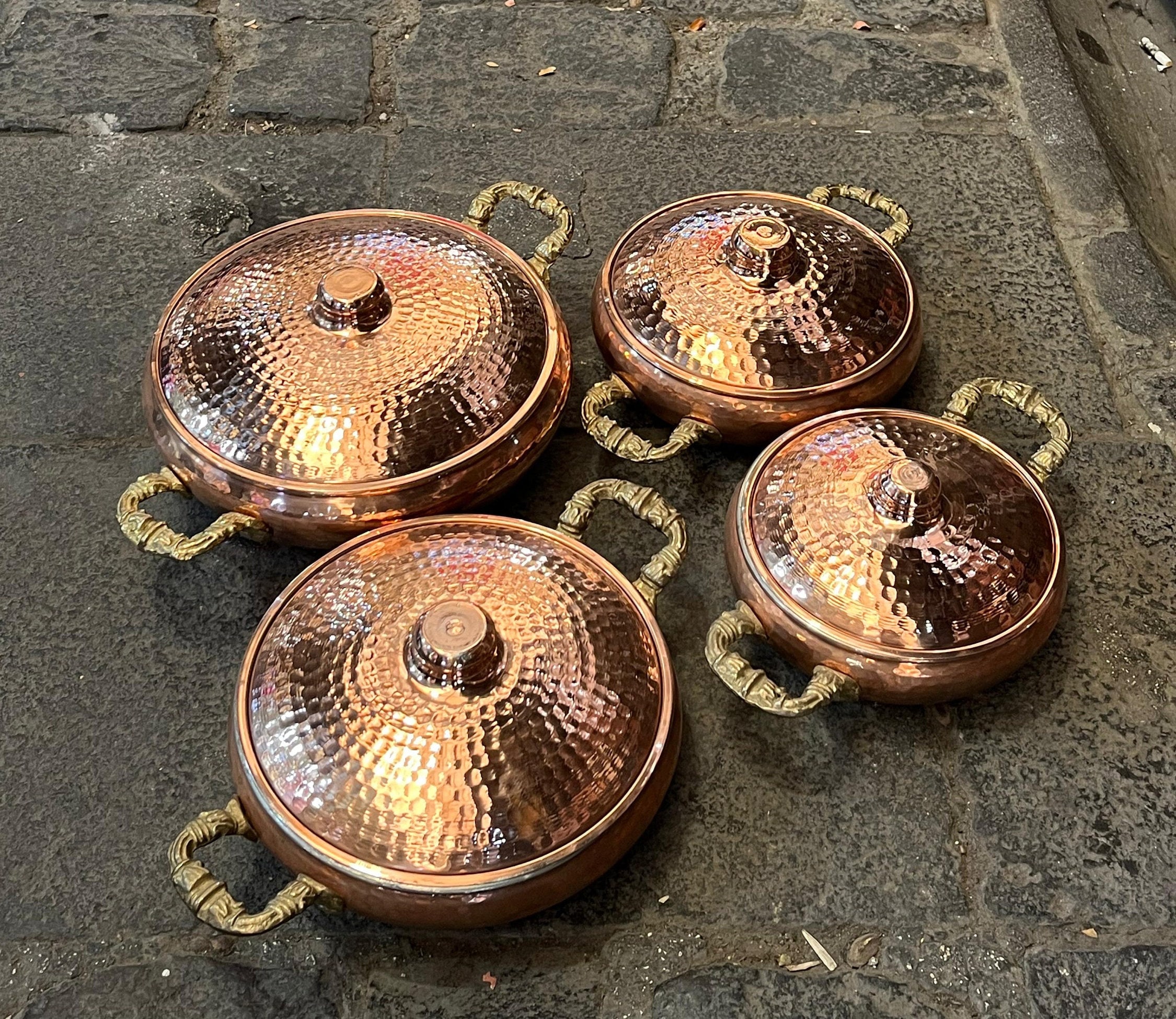 Set di pentole in rame puro, set di padelle in rame puro, padella da portata con doppio manico, padella in rame con coperchio, padelle in rame spesso,