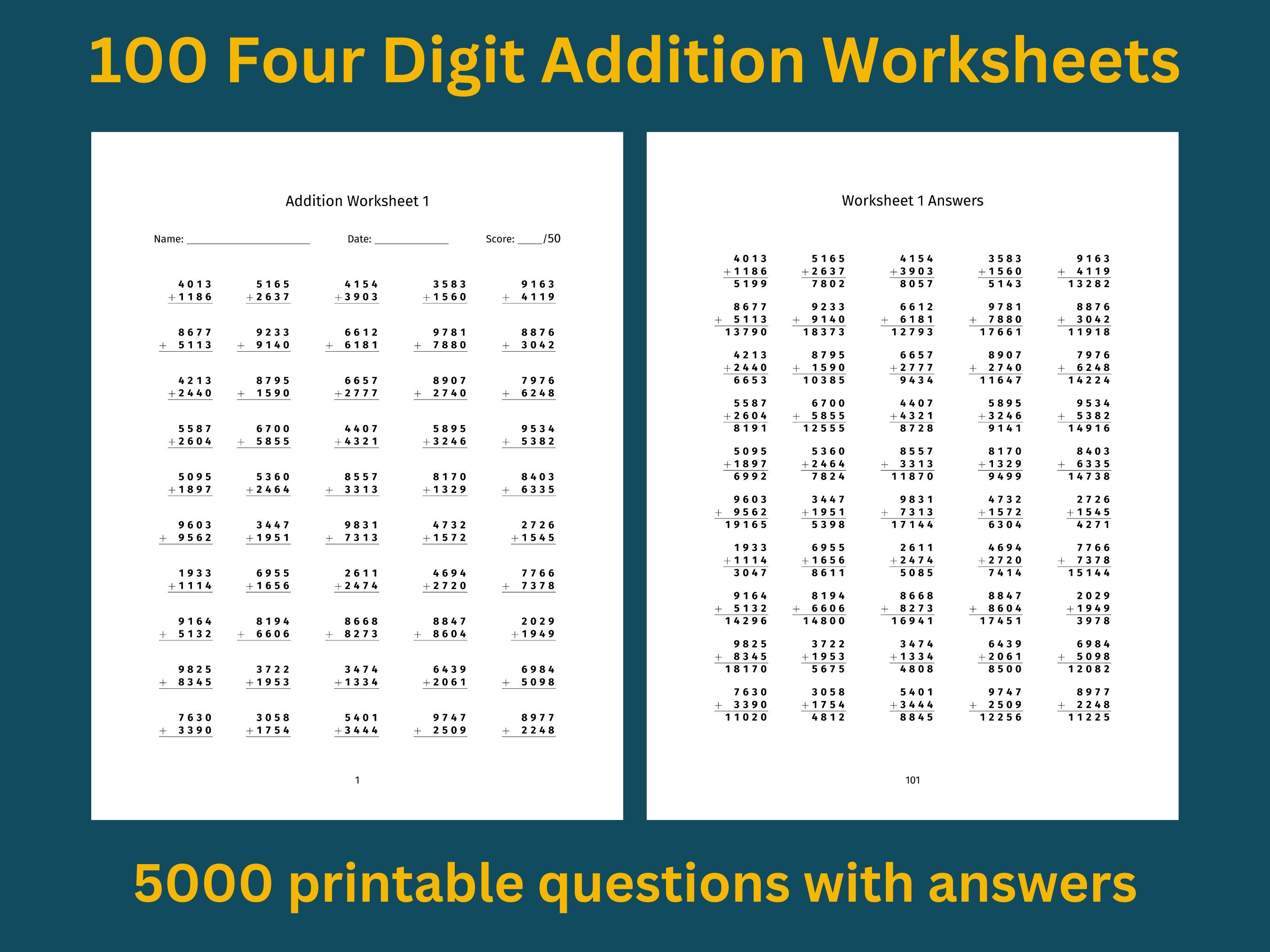Schede di lavoro per l'addizione a quattro cifre: 100 pagine stampabili con risposte / Esercizi di matematica per l'addizione con i numeri da 1000 a 9
