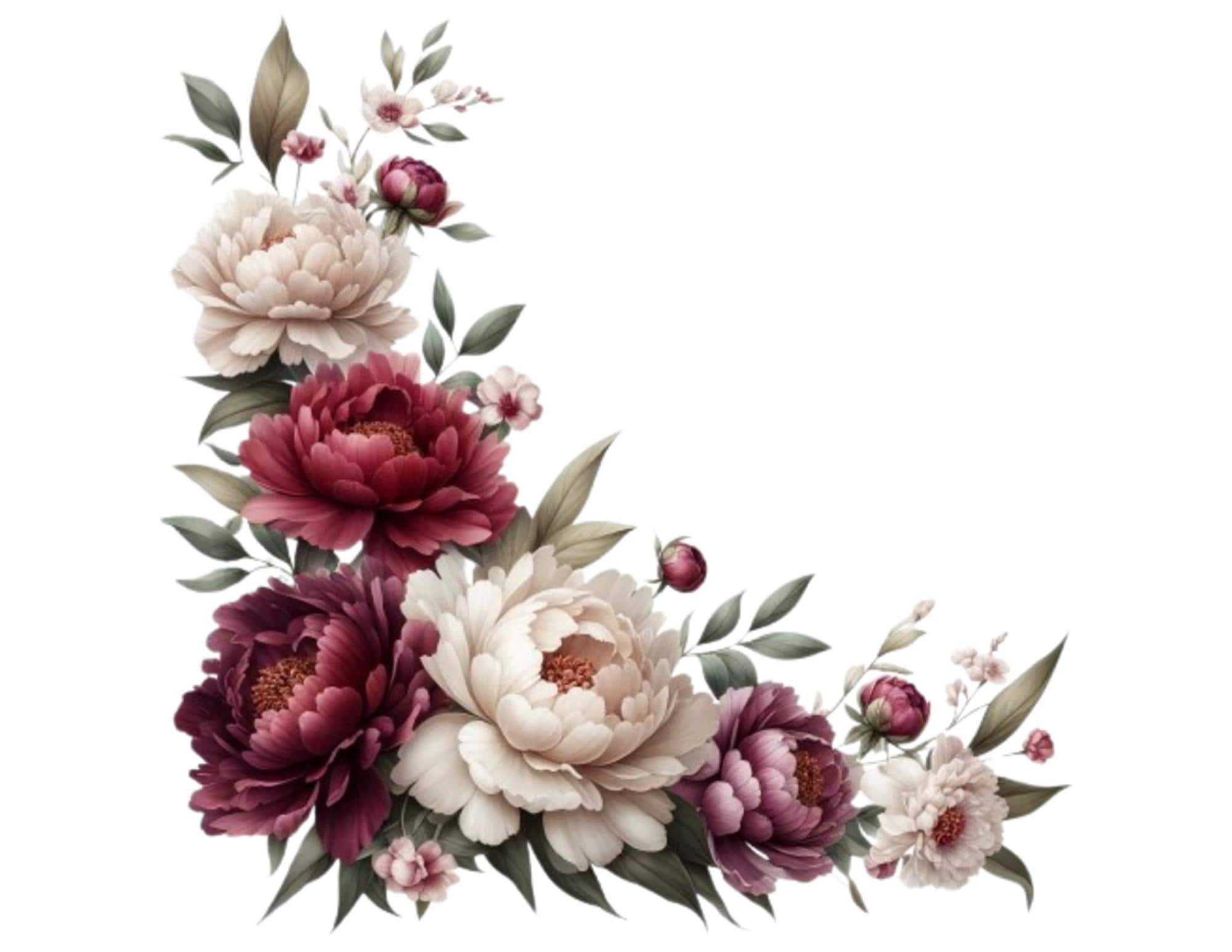 15 cornici di peonie bordeaux e rosa - Clipart floreali ad acquerello, bordo floreale, clipart digitale di peonie, fiori eleganti in stile boho