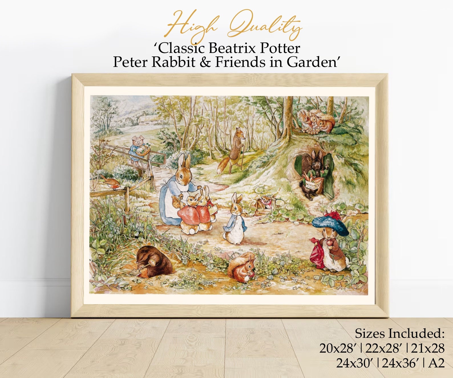 Decorazione per cameretta Peter Rabbit, Peter Rabbit e i suoi amici, scena in giardino, stampa artistica vintage di Beatrix Potter, libro di fiabe per