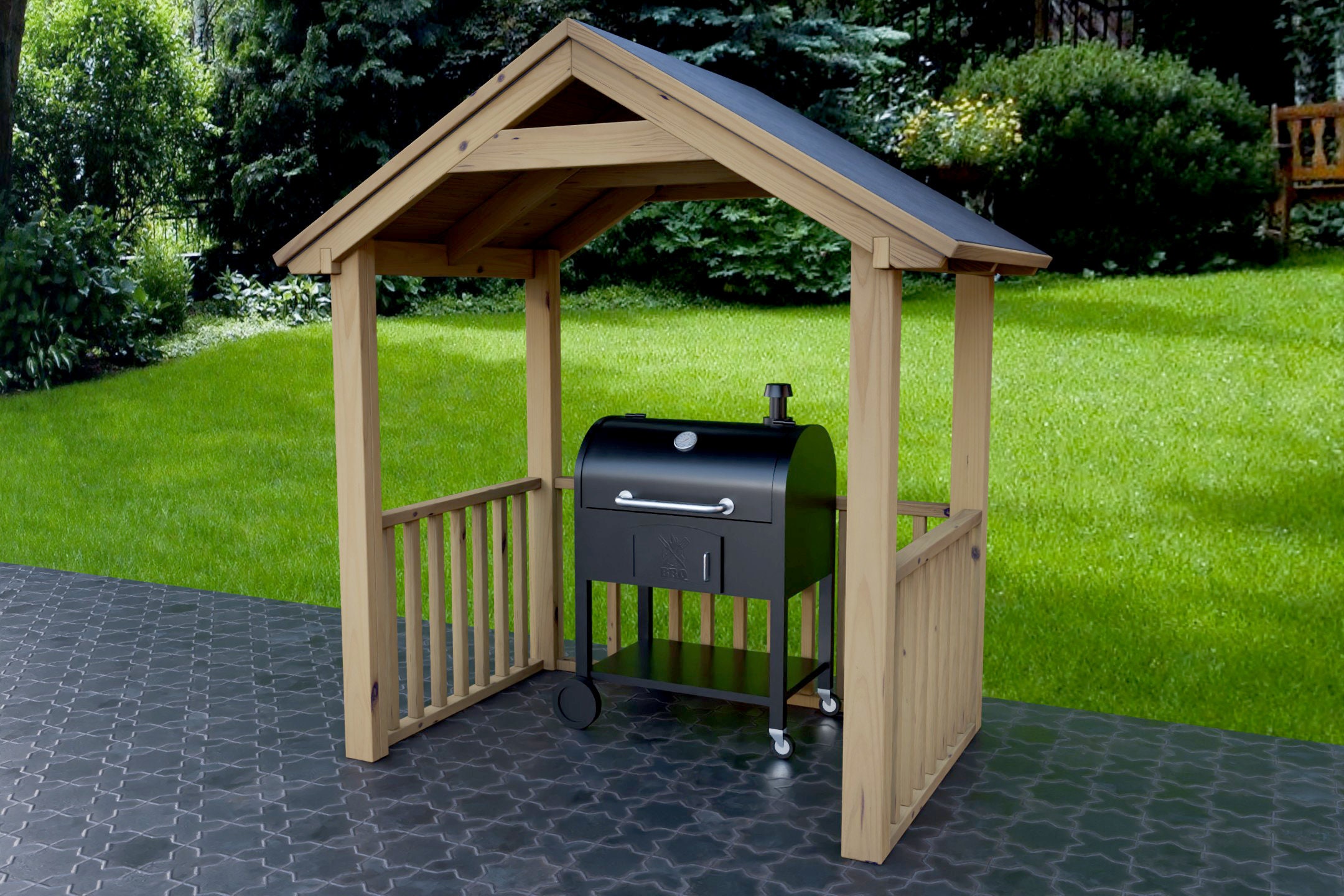 Progetti per un riparo per barbecue da giardino in legno, 2 m x 1,3 m, con tettoia per barbecue inclinata. Scarica solo progetti in formato metrico de