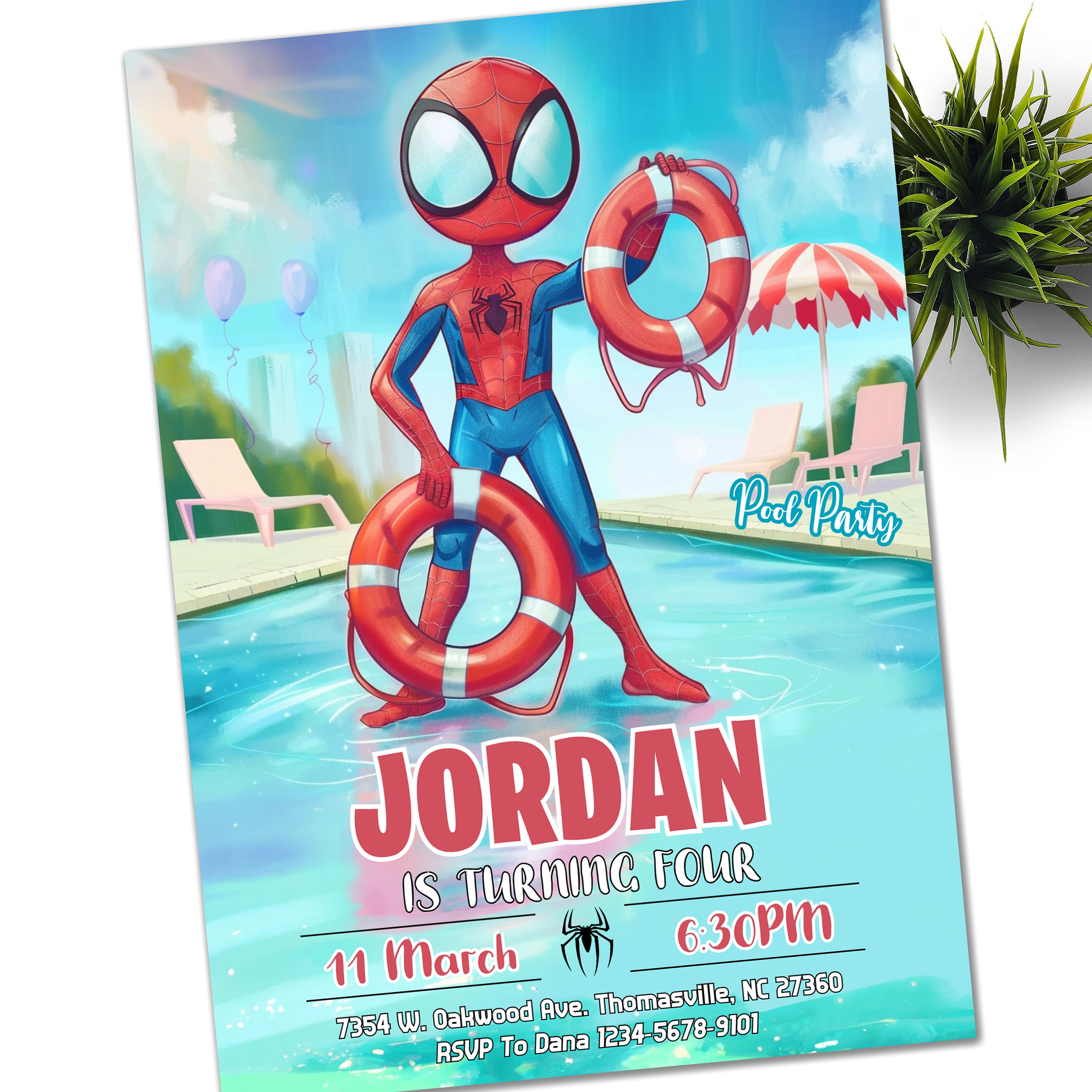 Invito per la festa in piscina di Spidey, invito per la festa di compleanno dei suoi fantastici amici, invito per la festa di compleanno di Spider Man