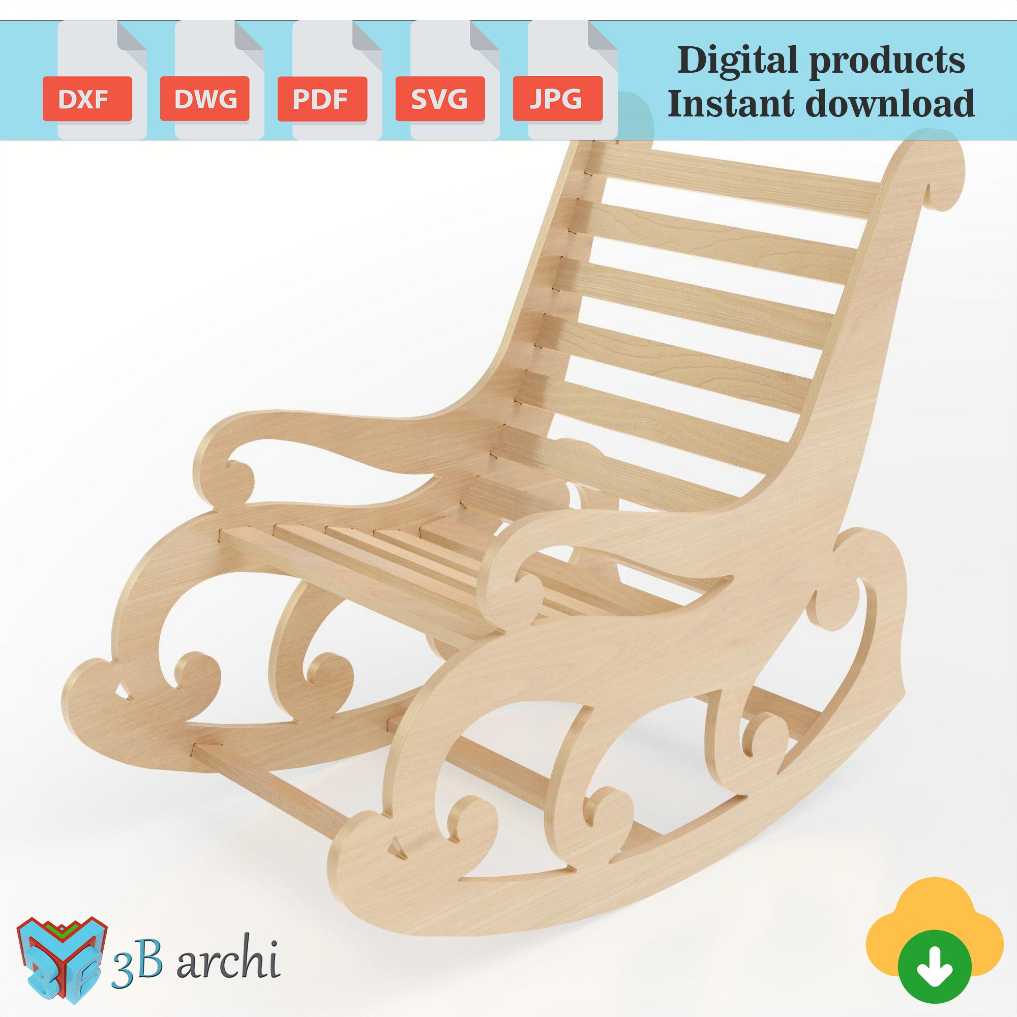 Sedia a dondolo in legno, sedia a dondolo moderna, sedia relax, file CNC per sedia, progetto per sedia in compensato, file DXF per assemblaggio, piano