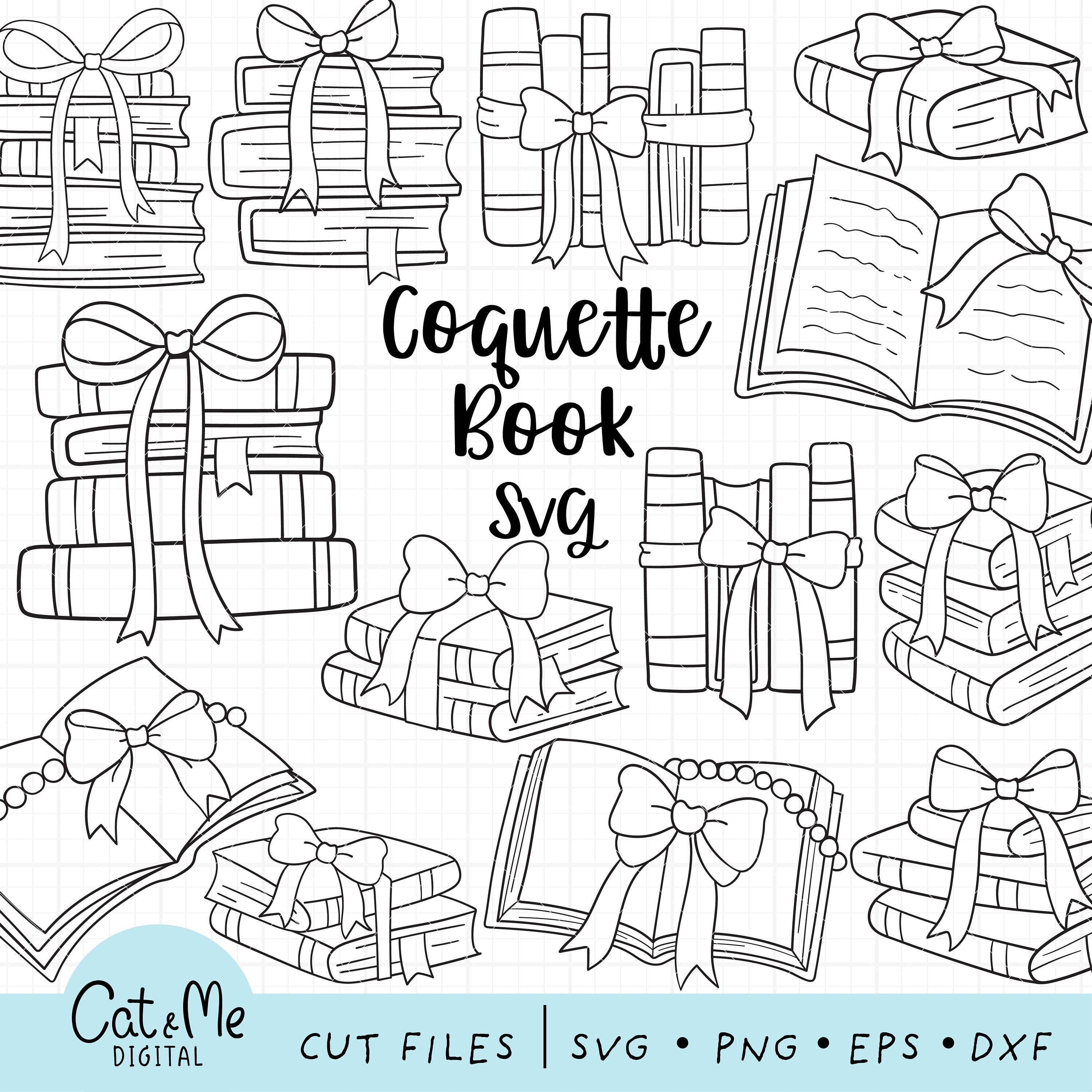 Doodle civetta libri SVG Booklover SVG Contorno libri vintage SVG Era ragazza SVG File di taglio libresco Coquette Bow Regalo amante del libro Coloraz