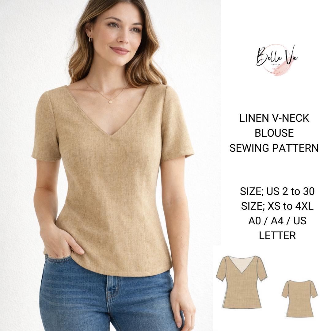 Modello di cucito per camicetta di lino: top con scollo a V (XS-4XL) (modello PDF)
